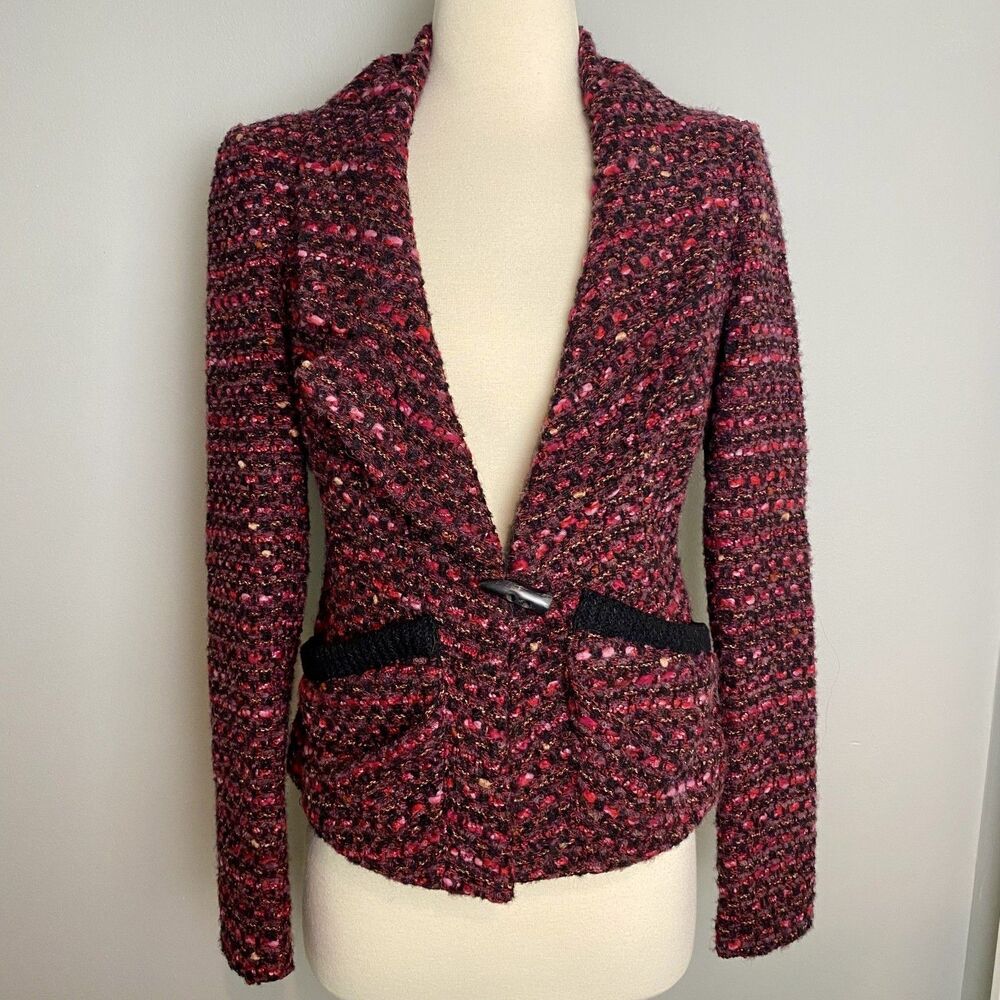 Nanette Lepore Pink and Black Tweed Blazer with Toggle Closure, Size 2